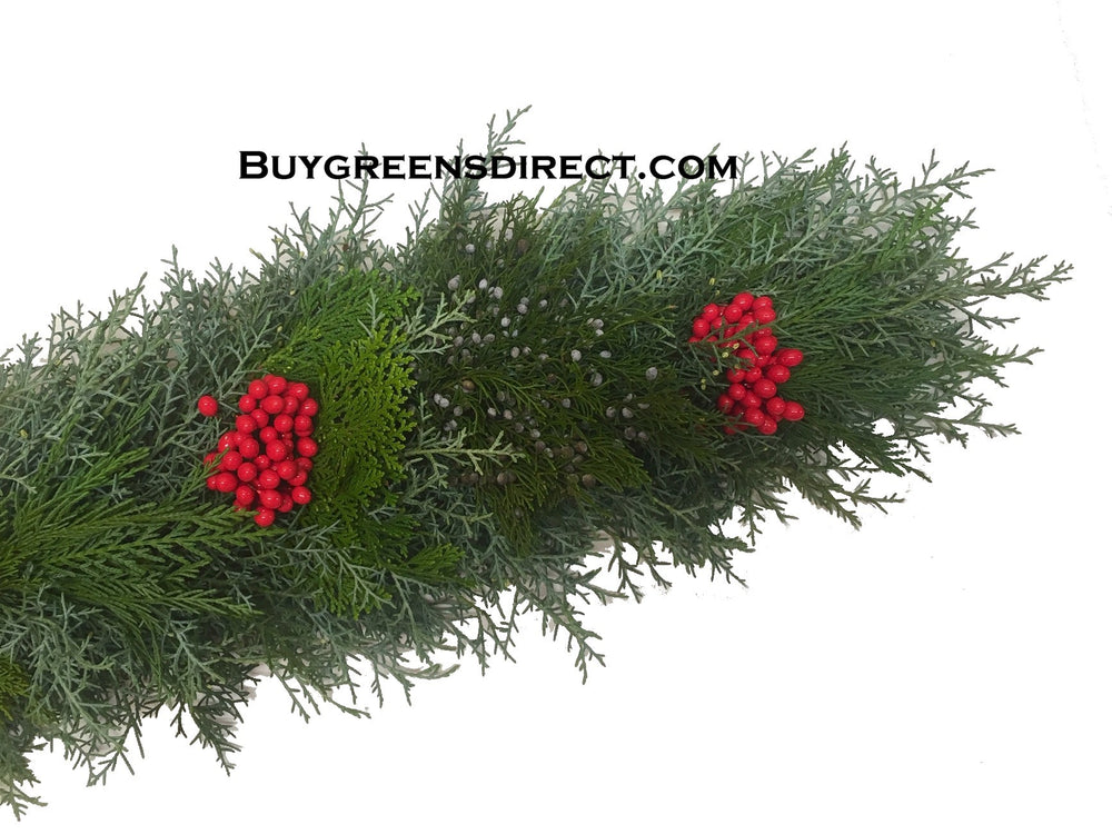 25' FRESH Carolina Sapphire, Blueberry Cedar, Arbavida, Leyland Cypress & Red Berry Garland