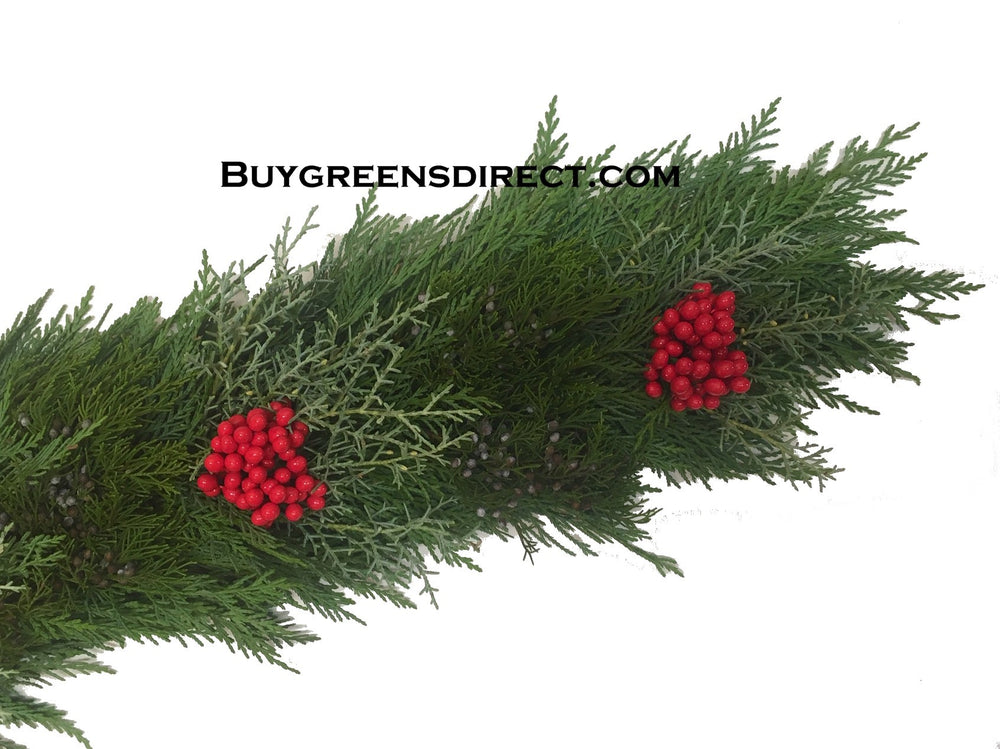 25' FRESH Leyland Cypress, Blueberry Cedar, Carolina Sapphire & Red Berry Garland