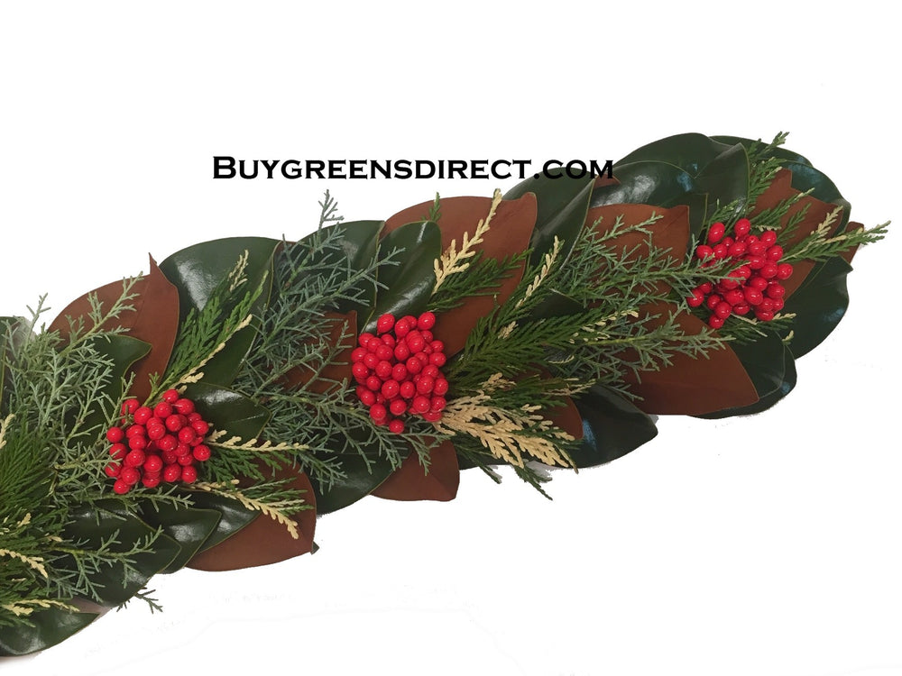 25' FRESH Magnolia, Carolina Sapphire, Variegated Leyland with Red Berry Garland