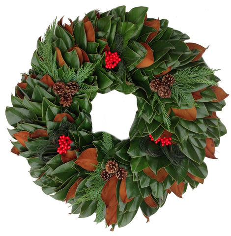 24" FRESH Magnolia, Leyland Cypress, Australian Pine Wreath